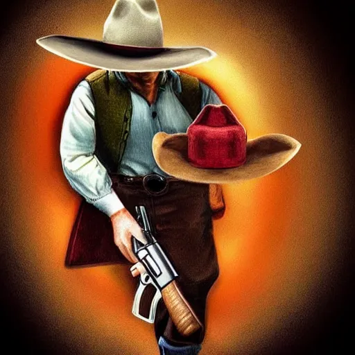 Image similar to a apple wearing a cowboy hat and shooting a revolver into the air. digital art. trending on artstation. amazing quality. great composition. perfect lighting. professional design. mind blowing detail. impressive colors. award winning art.