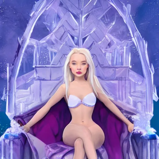 Prompt: dove cameron as an ice princess sitting on her ice throne in her ice castle wearing a bikini, ice, frost, white beautiful hair, cold colours, digital art, illustration, concept art by jason chan