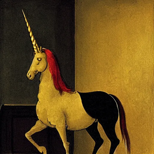 Prompt: a black unicorn in a gold haunted liminal room, digital painting by goya, colors by pontormo, lights by hopper, extreme detail, liminal aesthetic, background art nouveau