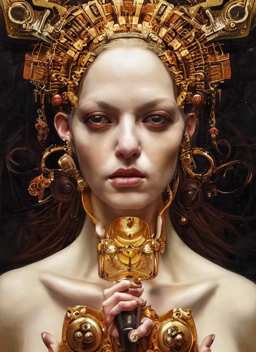 Prompt: highly detailed oil painting | very intricate | cinematic lighting | award - winning | portrait of the goddess of cyberpunk dressed by alexander mcqueen | by roberto ferri, by tom bagshaw, by j. c. leyendecker and klimt, american romanticism, by austin osman spare, artstation, cgsociety, official art, octane