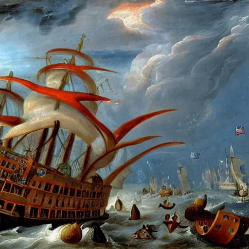 Image similar to A giant squid destroying a cruise ship in the middle of the ocean, by Jan Steen