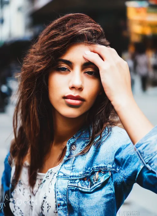 Prompt: color medium shot portrait of beautiful well-groomed Brazilian 26-year-old woman model, candid street portrait in the style of Brian Ingram award winning, Sony a7R