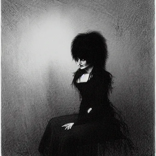 Image similar to siouxsie sioux, creepy atmosphere, dark, portrait, realistic, very realistic, illustration by Gustave Doré