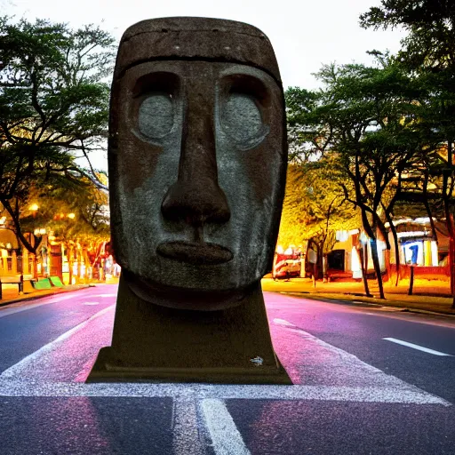 Image similar to a moai head statue skateboarding on the street, set at night