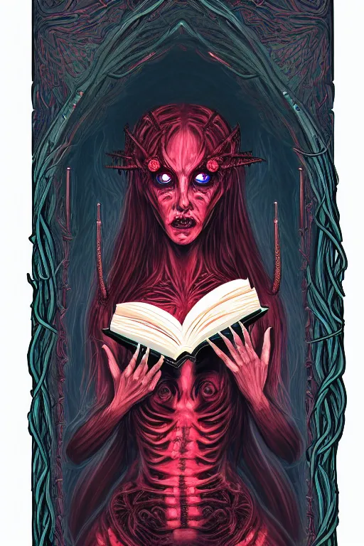 Image similar to ai illustration of demoness and her book of necronomicon, symmetrical, cinematic, sharp focus, 4 k, ultra hd, sense of awe, sinister demonic atmosphere, dreadful, forbidden knowledge, old gods. demonology journal cover