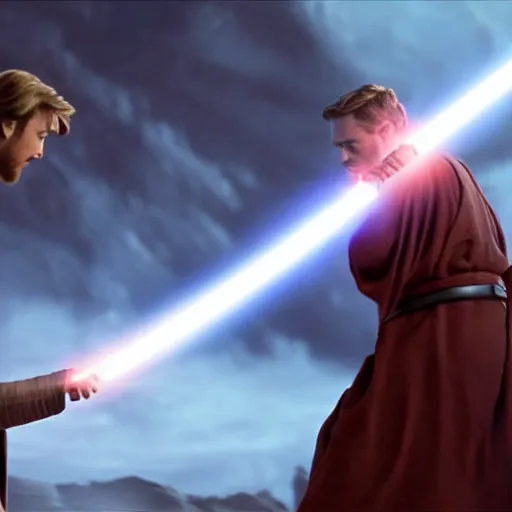 Prompt: Obi-Wan Kenobi surrendering to Anakin Skywalker on Mustafar by the lava, Anakin is pointing a blue lightsaber at him, cinematic lighting, photorealistic, 4k, very highly detailed