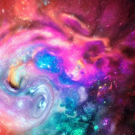 Prompt: < Swirly galaxy made of milk swirls with splashes, nebula, celestial, planets as corn flakes and strawberry, astronomical, cosmic glow, translucent, depths of space, fluid, ultra clear material, epic,3D concept art, octane render, unreal render, tasty, cinematic lighting, intricate details