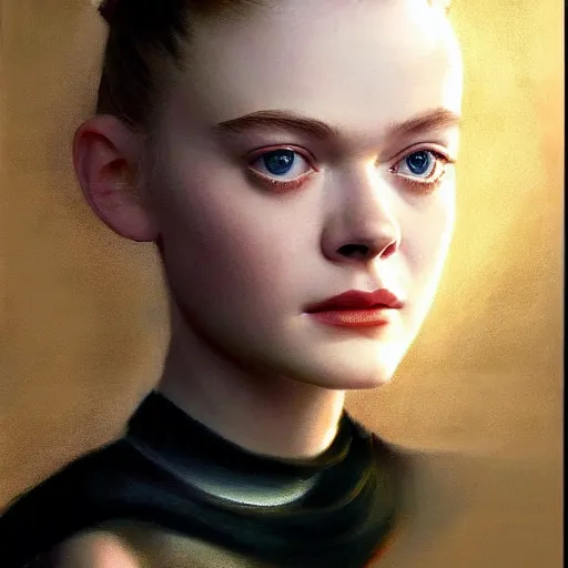 Image similar to ultra realistic portrait painting of elle fanning in irobot, art by frank frazetta, 4 k, ultra realistic, highly detailed, epic lighting