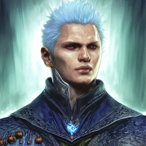 Image similar to Vergil from DMC as a fantasy D&D character, portrait art by Donato Giancola and James Gurney, digital art, trending on artstation