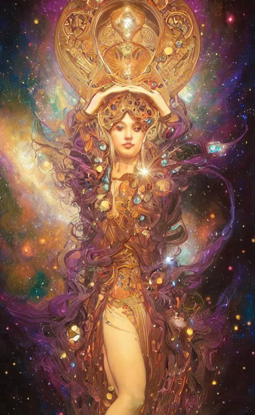 Image similar to portrait of a cosmic goddess, suit made out of stars and galaxies and cosmic energy, intricate, headshot, highly detailed, digital painting, artstation, concept art, sharp focus, cinematic lighting, illustration, art by artgerm and greg rutkowski, alphonse mucha, cgsociety