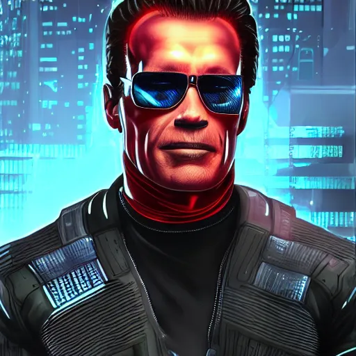 Prompt: cyberpunk arnold schwarzenegger as the leader of a futuristic communist society, cybernetics, sharp lines, digital, artstation, colored in