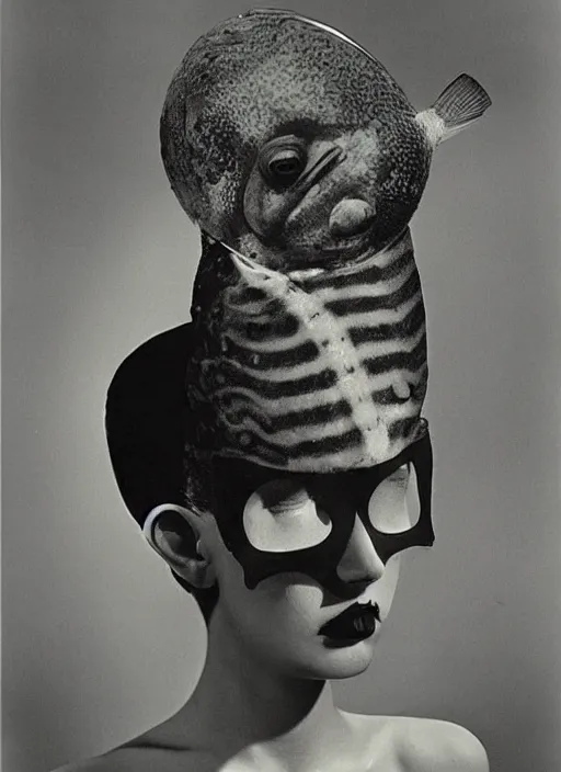 Image similar to female head made of tropical fish, surreal photography by Man Ray