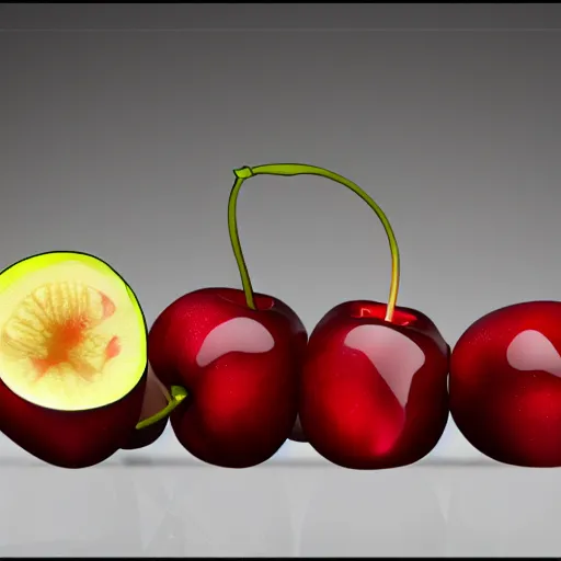 Image similar to Artstation digital art render three cherries together on a table