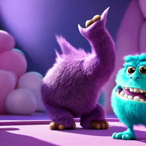 Image similar to a purple fluffy monster, adorable and cute, pixar, octane render, 4k, monster in middle of picture