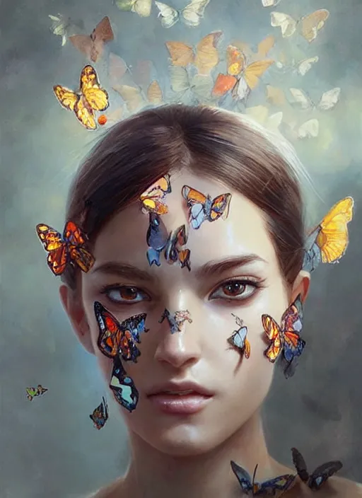Prompt: a woman with many butterflies on her face. beautiful highly detailed face. painting by artgerm and greg rutkowski and raymond swanland.