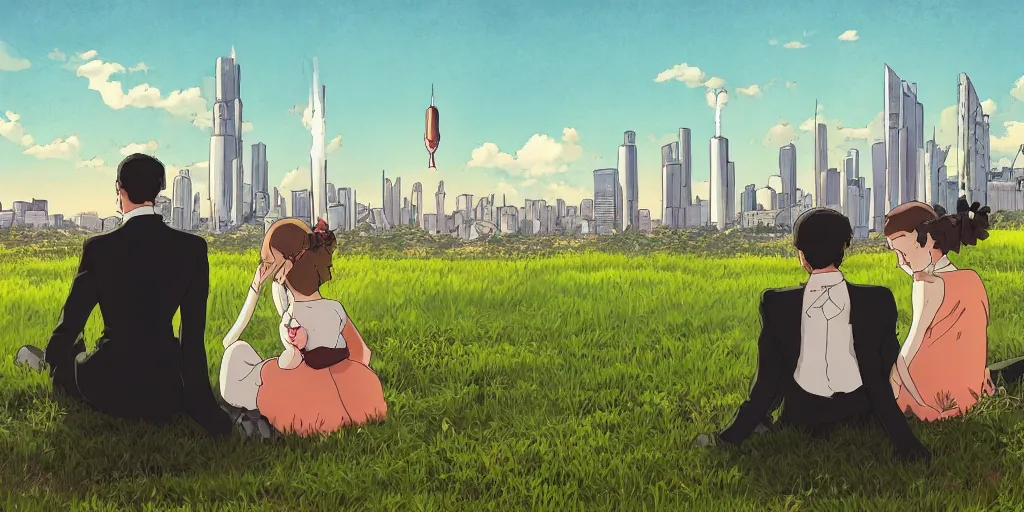 Prompt: a couple in victorian formal attire sitting in grass in front of a skyline of huge buildings watching a rocket launch into orbit, painting in the style of studio ghibli, 4 k