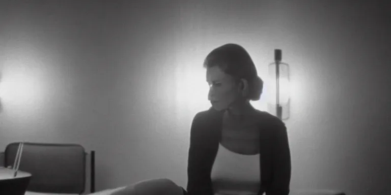 Prompt: photorealistic close up shot Cinematography of a Beautiful woman at night in a mid century modern apartment shot on film at magic hour with the sun shining god rays shining into a large 60's hotel lobby room filled with volumetric haze by the shining Cinematographer john alcott on a cooke panchro 18mm lens and eastman 5254 film