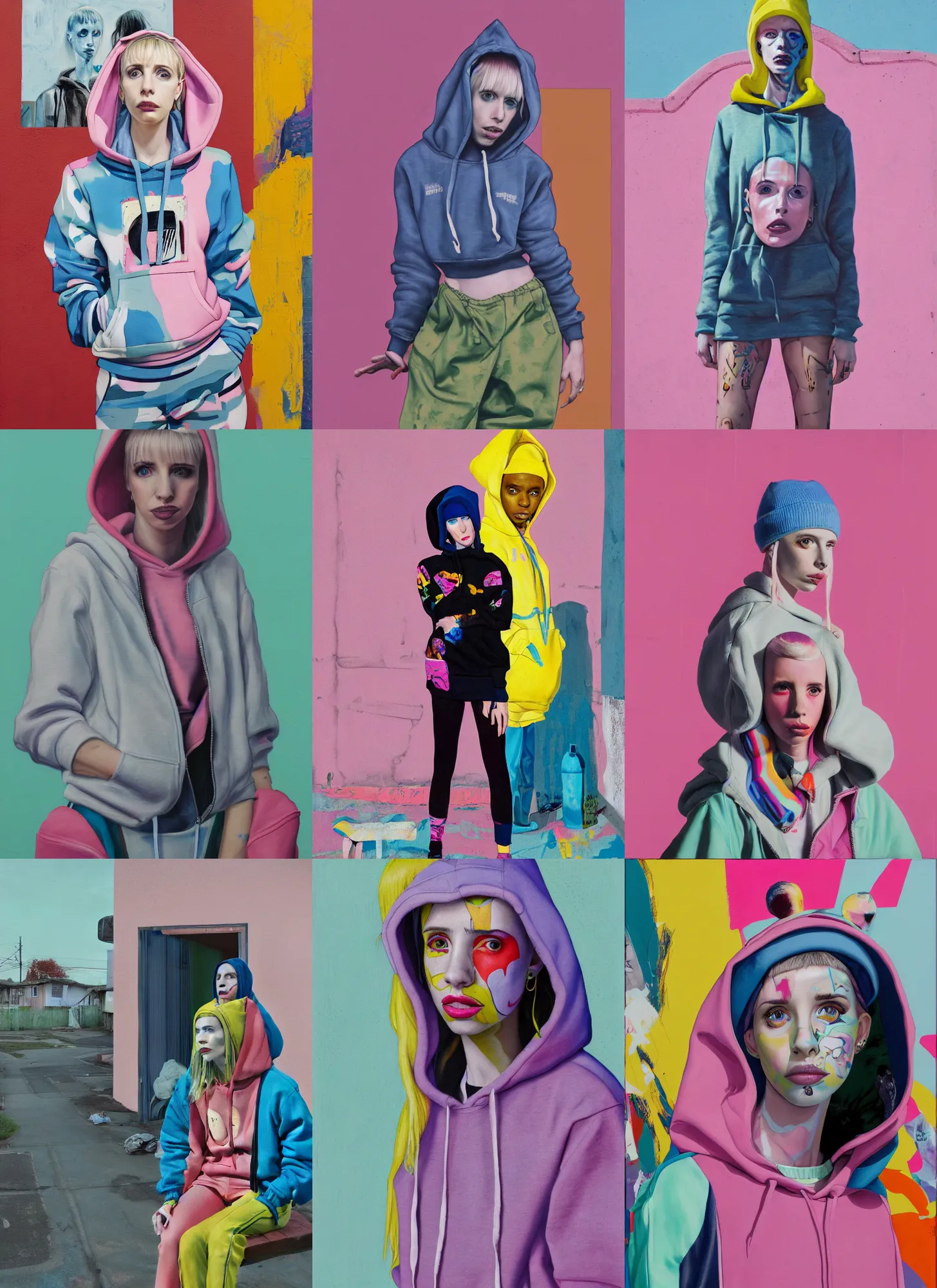 Prompt: still from music video of emma roberts from die antwoord standing in a township street, wearing a hoodie, street clothes, full figure portrait painting by martine johanna, njideka akunyili crosby, pastel color palette, 3 5 mm lens