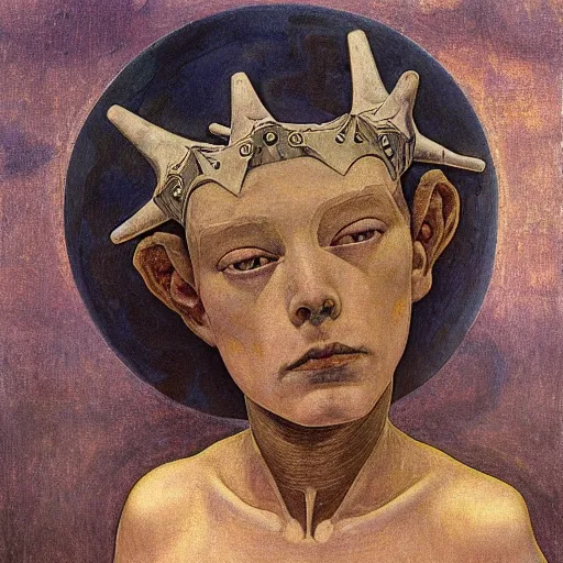 Image similar to robot boy wearing the bone crown, by annie swynnerton and diego rivera and lucien freud and jean delville and evelyn de morgan, symbolist, dramatic lighting, elaborate geometric ornament, art brut, soft pastel colors, smooth, sharp focus, extremely detailed, adolf wolfli, leo and diane dillon, nicholas roerich, donato giancola