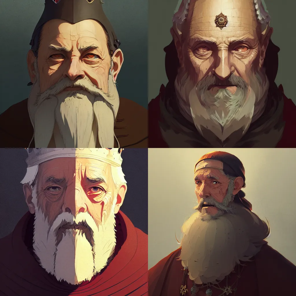 Prompt: portrait of a medieval old king, artstation, elegant, highly detailed, digital painting, concept art, smooth, sharp focus, illustration, art by studio ghibli, atey ghailan, akihiko yoshida, tom whalen 8 k