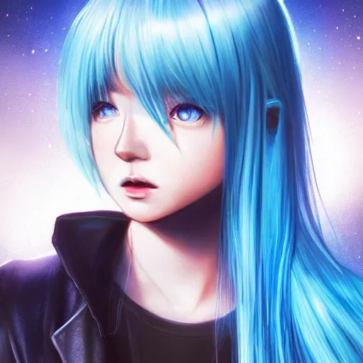 Image similar to full face shot of rimuru tempest, sky blue straight hair, long bangs, with amber eyes, wearing a black jacket, high collar, ultra detailed, concept art, award winning photography, digital painting, cinematic, wlop artstation, closeup, pixiv, evil, yoshitaka amano, andy warhol, ilya kuvshinov,