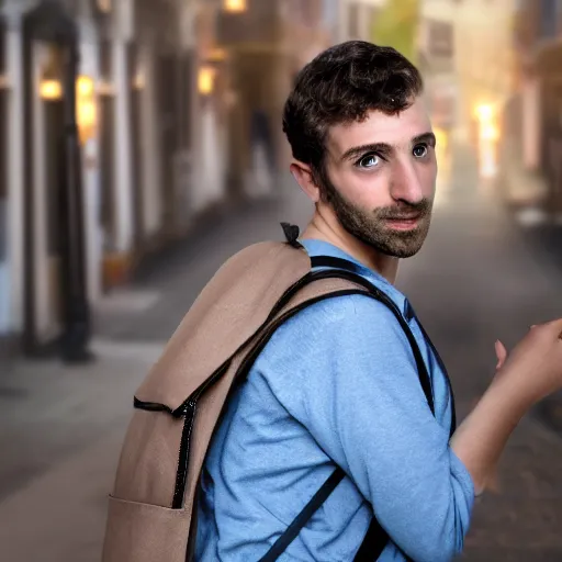 Prompt: small fragile jewish man with a big nose and big backpack on his back, 8k resolution, full HD, cinematic lighting, award winning, anatomically correct