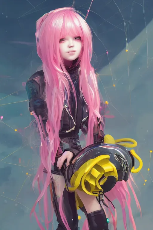 Image similar to a cute girl, pink hair covered with hairpins, big eyes ， yellow inflatable loose plastic cyber technology jacket, huge jet rocket engine backpack, fantasy art by guweiz, sleek curves, intricate sharp focus, trending on artstation hq, deviantart, pinterest, unreal engine 5, highly detailed, 4 k uhd image