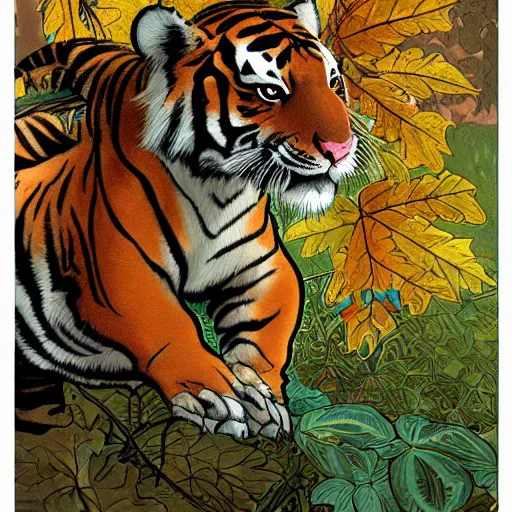 Image similar to a highly detailed cartoon tiger waving a leaf fan, autumn leaves on the ground, concise lines, ultradetailed environment, sharp focus, cinematic lighting, by alphonse maria mucha and kim jung gi