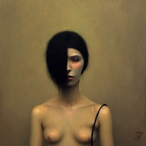 Prompt: portrait of young female in smoking with pale white skin and short black hairs, full body, painting by Beksinski