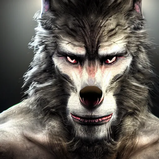 Image similar to hyper realistic werewolf hidden in the dark. higly detailed. deep dark cabin in the woods. unreal engine 5