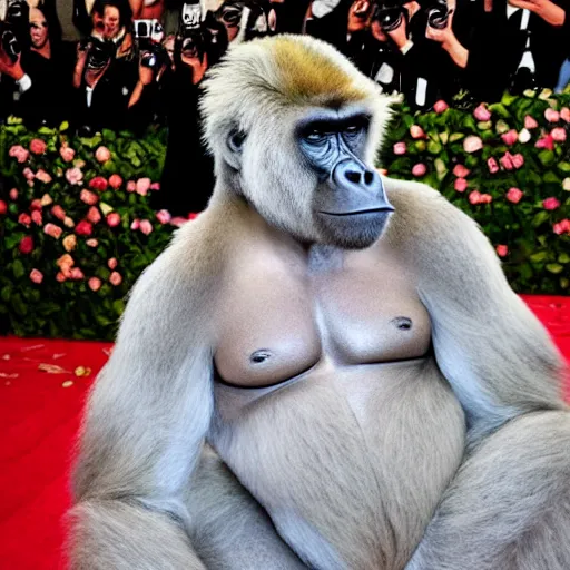 Prompt: harambe the gorilla in a ball gown at the met gala