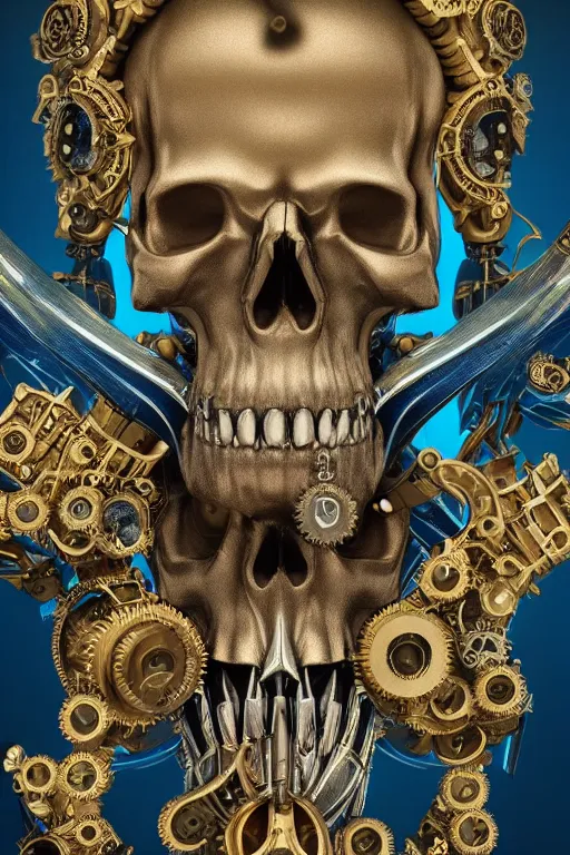 Image similar to hyperrealistic 3d render ultra detailed of a skull, art deco, steam punk, intricate gears details, hyperrealistic, Volumetric lighting, ultra detailed, elegant, octane render, blue and gold, 8k, trending on Artstation, unreal engine