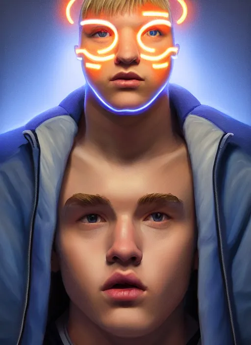 Image similar to portrait of high school senior boy named big moose, blonde short hair, jock, beefy, wide face, square jaw, square facial structure, blue varsity jacket with letter r, intricate, elegant, glowing lights, highly detailed, digital painting, artstation, concept art, sharp focus, illustration, art by wlop, mars ravelo and greg rutkowski