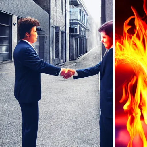 Image similar to A man in a suit on the left shakes hands with a man made of fire and plasma in the right, alleyway, downtown, realistic digital photo, surreal