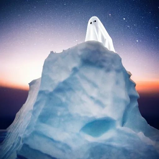 Image similar to A white female ghost sitting on a small iceberg, magically horrifying night sky, high quality photograph