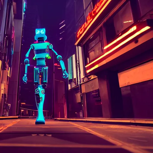 Prompt: robot walking the streets of thriving futuristic cyberpunk city at night, lit by the neon signs and streetlights, 3d, Unreal Engine, octane render, ray tracing, Unity, highly detailed, high quality, HD, 4k, 8k, realistic, sharp, no blur, edited, corrected, trending