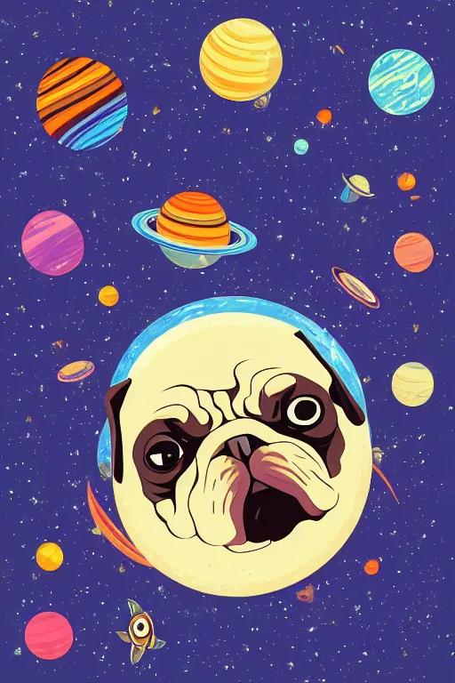 Image similar to planet pug floating in space, art by brian miller, sticker, colorful, illustration, highly detailed, simple, smooth and clean vector curves, no jagged lines, vector art, smooth