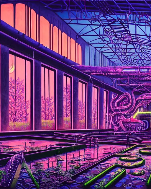 Image similar to a beautiful ultradetailed painting of empire nature industrial architecture unfinished building abandoned urbex building city by stanley spencer, nature at night neon noir evil lake uv light biopunk vaporwave universe retrowave tron, archdaily, wallpaper, highly detailed, trending on artstation.