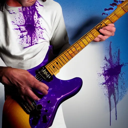 Image similar to dripping purple faded paint across the shape of a male human playing guitar, realistic, high detail, on a white damage background