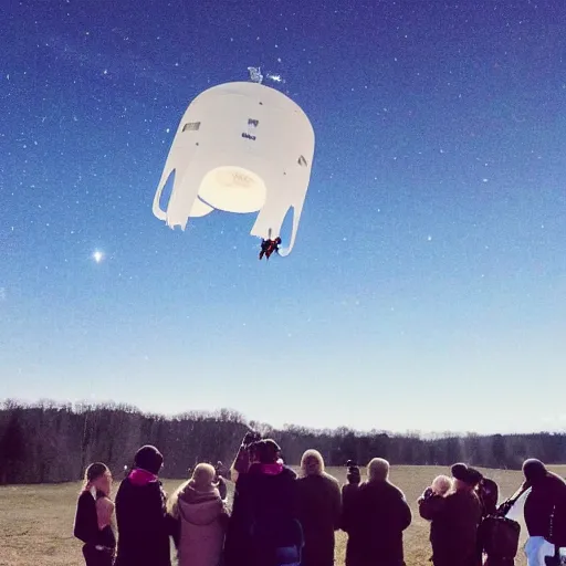 Prompt: a group of people looking at a ufo in the sky, shot on an iphone 1 3