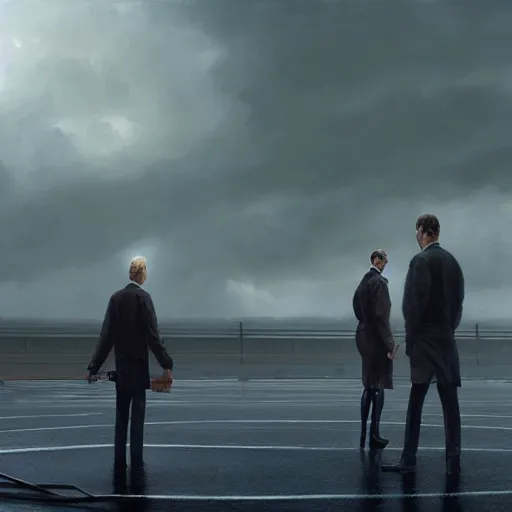 Image similar to steven armstrong on helipad during storm, hyperrealism, no blur, 4 k resolution, ultra detailed, style of dragan bibin, denis villeneuve, tyler edlin, greg rutkowski