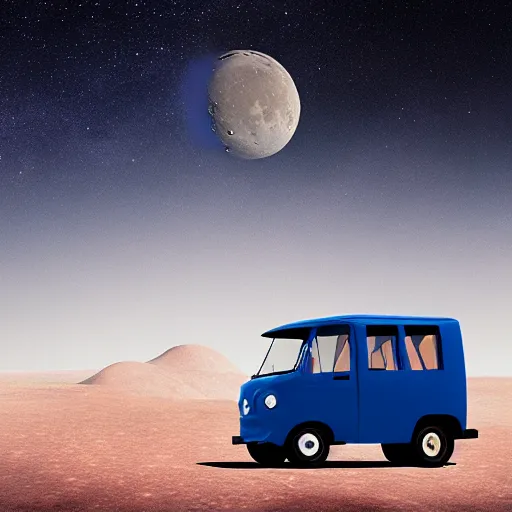 Image similar to a dark blue tuk tuk traveling on the surface of the moon, moon craters, night sky, milky way, hard lighting, matte painting, concept art, 4k