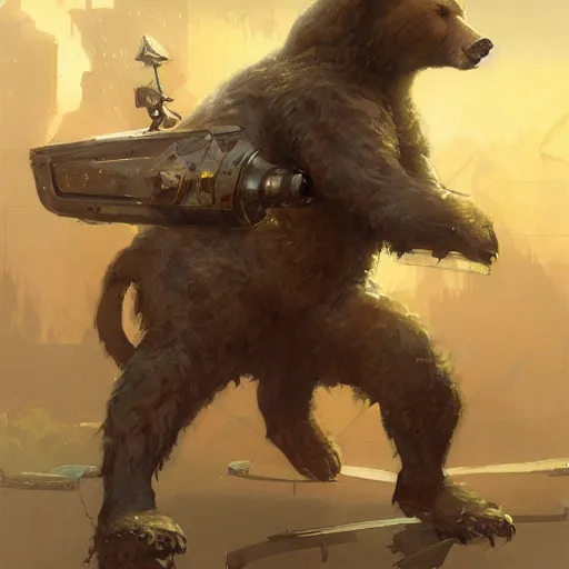 Prompt: realistic bear playing futuristic prismatic angular guitar, fantasy character portrait by Greg Rutkowski, Craig Mullins, Gaston Bussiere