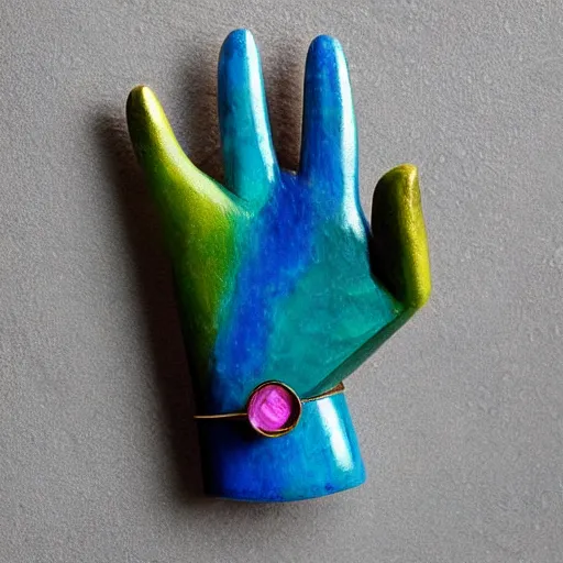 Image similar to “hand sculpture made from colorful gemstone, 35 mm product photo”