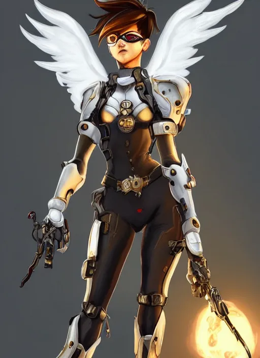 Image similar to full body artwork of tracer overwatch, wearing white steel armor outfit, in style of mark arian, angel wings, dramatic painting, wearing detailed leather collar, ornate highly detailed white shiny armor, chains, black harness, detailed face and eyes,