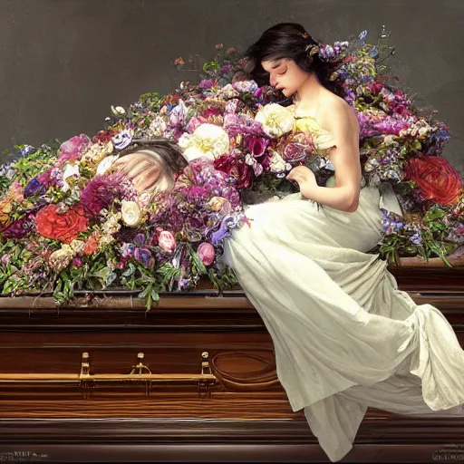 Image similar to an elaborate floating coffin with a mysterious woman sleeping and holding a large bouquet of flowing flowers, hands hidden under the bouquet, side view, fantasy, regal, intricate, by stanley artgerm lau, greg rutkowski, thomas kindkade, alphonse mucha, loish, norman rockwell