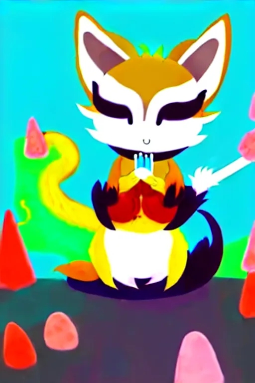 Image similar to cute chibi kawaii dragon fox boy with kind eyes, a bunch of fur, a beautiful couture sweatshirt, and the ability to play a bird flute inside a cozy mountain dwelling with flowers on the table