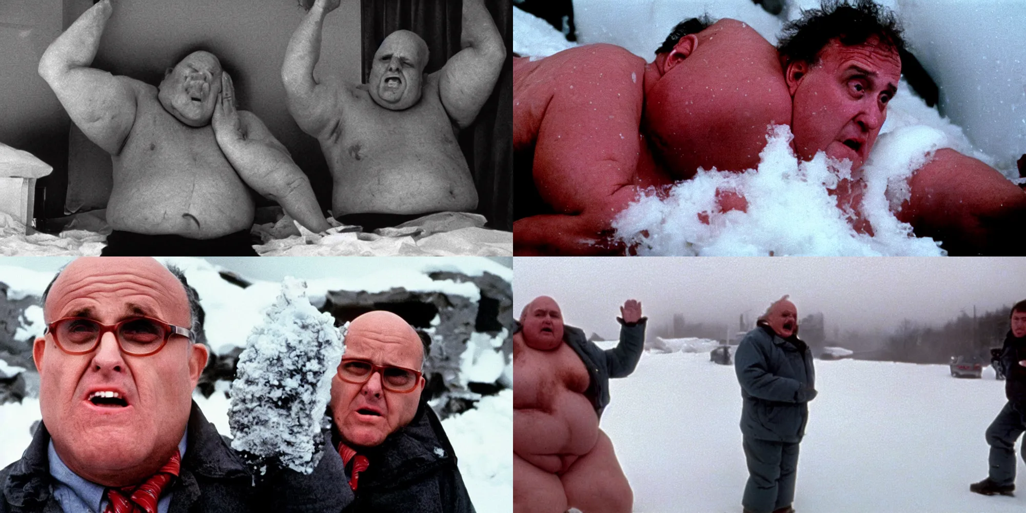 Prompt: obese rudy giuliani body horror in the thing ( 1 9 8 2 ) directed by john carpenter, limb mutations, swollen veins, red flesh strings, antarctica, snow, flamethrower, cinestill 8 0 0 t, 1 9 8 0 s movie still, film grain