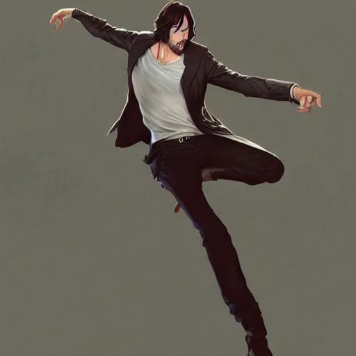 Image similar to character concept art of keanu reeves in a dynamic pose | cute - fine face, pretty face, realistic shaded perfect face, fine details by stanley artgerm lau, wlop, rossdraws, james jean, andrei riabovitchev, marc simonetti, and sakimichan, tranding on artstation