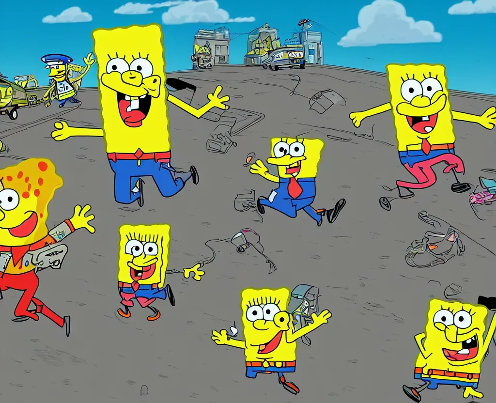 Prompt: Highly detailed image of spongebob squarepants running from the police, high speed chase, animated